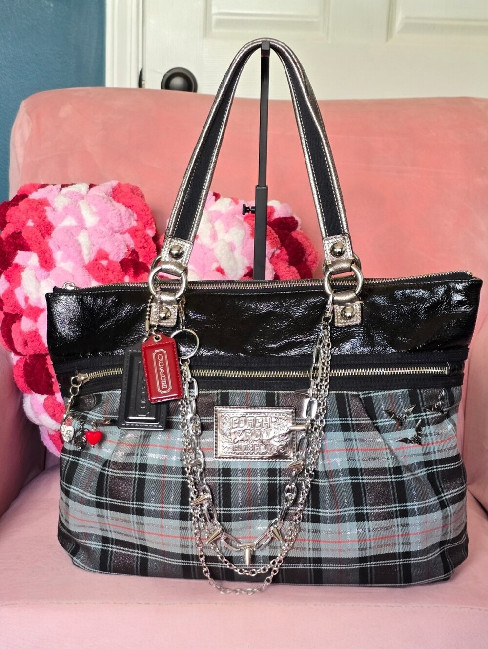 Coach Poppy Tartan Tote 💀Custom💀 Punk Glam Rework (15886)